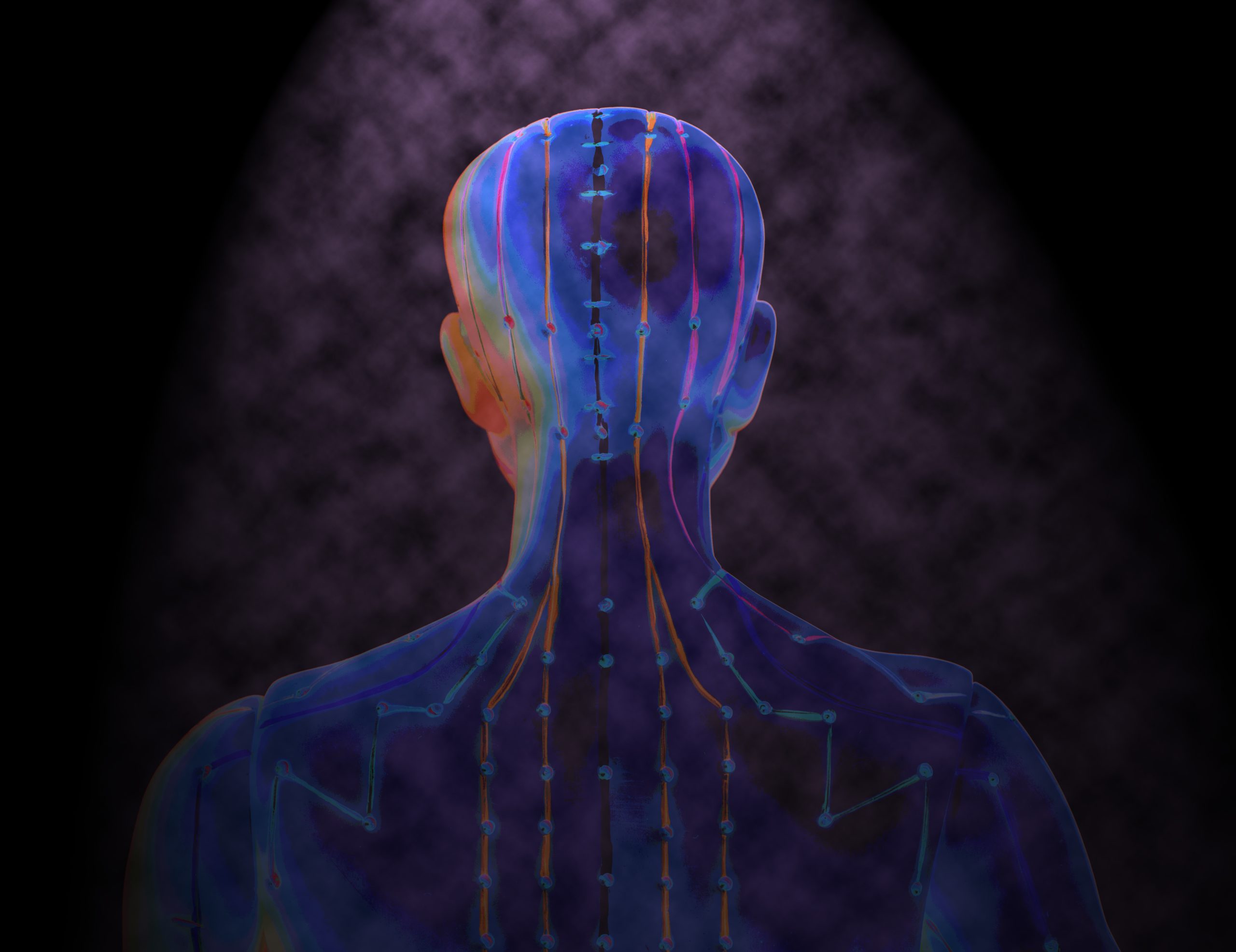 Medical acupuncture model of human on black background